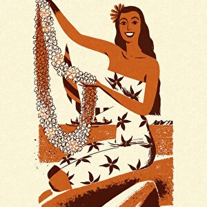 Hawaiian Woman Holding a Lei
