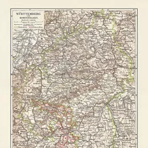 Historical map of Wurttemberg and Hohenzollern, Germany, lithograph, published 1897