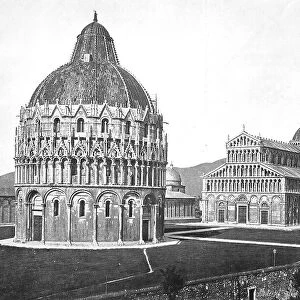 Historical photo (ca 1880) of Pisa, view of Piazza dei Miracoli, leaning tower of Pisa and baptistery, Tuscany, Italy, Historical, digitally restored reproduction of an original 19th century original, exact original date unknown