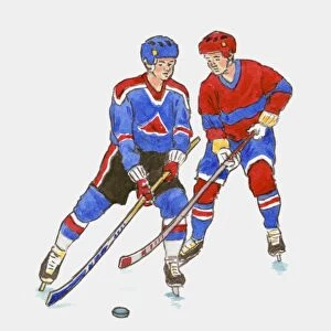Ice-hockey players with sticks and puck