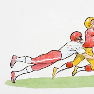 Illustration of American football player tackling opponent in mid-air as he reaches for ball