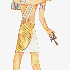 Illustration of ancient Egyptian god Horus holding key of life (ankh)