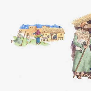Illustration of a bible scene, Luke 2, the shepherds travel to Bethlehem to see baby Jesus