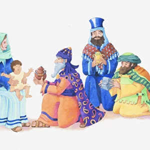 Illustration of a bible scene, Matthew 2, Three Kings visit newborn Jesus and bring gifts of gold, frankincense and myrrh