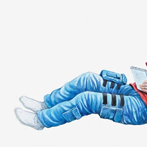 Illustration of female astronaut experiencing zero gravity as she writes in notebook with pen floating by her head