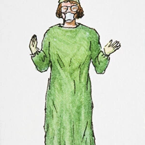 Illustration of female surgeon wearing green operating gown, hat and boots, white surgical mask, and glasses