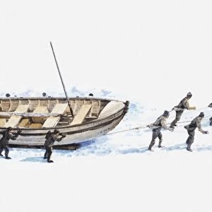 Illustration of a group of Antarctic explorers pulling boat across the ice