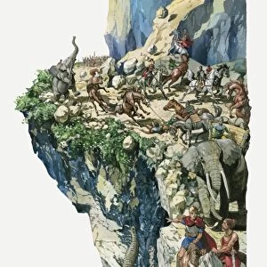 Illustration of Hannibal and his men crosses the alps with elephants and horses