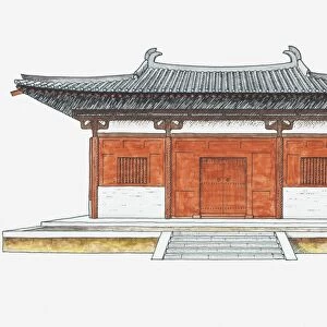 Illustration of the main hall, Nanchan Temple, Shaanxi, China, 8th century