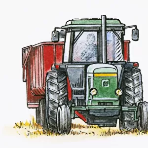 Illustration of man driving tractor pulling a trailer in field