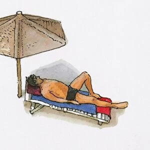 Illustration of man sunbathing on sun lounger under partial shade of umbrella
