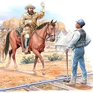 Illustration of paleontologist Othniel Marsh, on horseback, greeting Matthew Randall standing in front of him on railway track