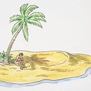 Illustration, person stranded on deserted island with single palm tree