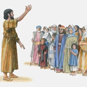 Illustration of Peter preaching to group of people with one arm raised