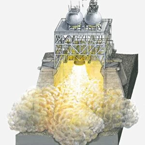 Illustration of rocket launch pad being tested with engines burning