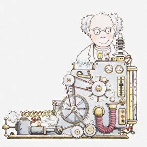 Illustration of a scientist or inventor and his machine