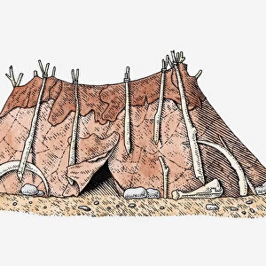 Illustration of Siberian tent made from animal skin and bones