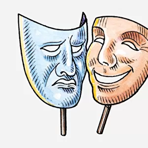 Illustration of tragedy mask and comedy mask