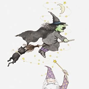 Illustration of wizard, witch on broomstick and black cat hanging onto the end of the broom