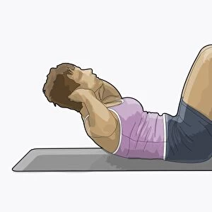 Illustration of woman performing sit-ups with hands behind head and feet on bench