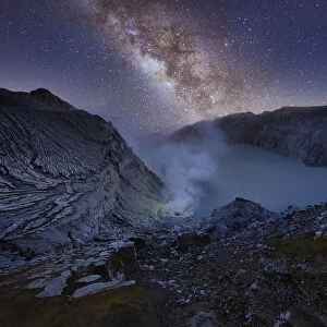 Landscape of Milky Way over Kawah Ijen volcano mountain, Indonesia