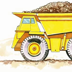 Line drawing of a dumper truck, side view