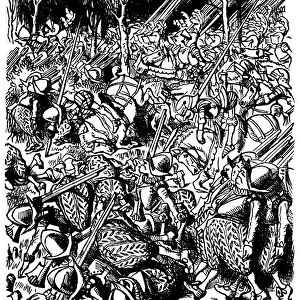 Very lively illustration entitled Battle (Alices Adventures in Wonderland)