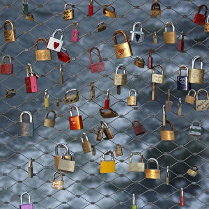 Love locks, padlocks, as a sign of live, at the main bridge over the Mur river, Graz, Styria, Austria, Europe