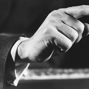 Man pointing, close-up of hand, (B&W)