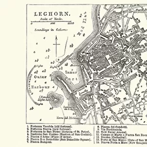 Map of Livorno (Leghorn), Tuscany, Italy, 19th Century