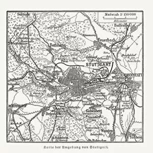 Map of Stuttgart, Baden-WAOErttemberg, Germany and surroundings, woodcut, published 1897