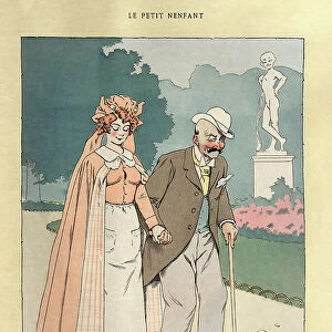 Nurse helping an old man walking in the park, Vintage French cartoon
