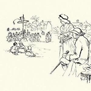 Old couple watching young folk dance around the maypole, Victorian 19th Century