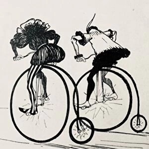 Two Penny farthing bicyclists on tour, rear side view