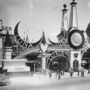 People outside the entrance to Luna Park on Coney Island, New York