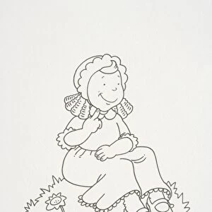 Smiling girl wearing a bonnet sitting on a grassy mound, side view
