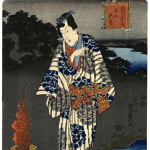 Traditional woodblock print of a man by water