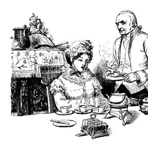 Victorian lady being served breakfast by a footman