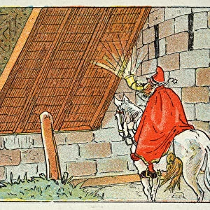 Vintage illustration, Cartoon of man blowing a horn at a castle drawbridge