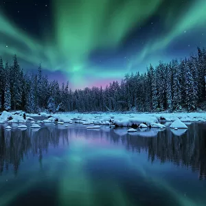 Winter landscape with northern lights