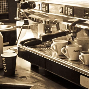 Interior details of Costa coffee shop at motorway service station, showing espresso