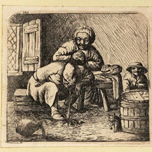 17th century Dutch drunk man vomits on the floor of a tavern. 1803 (engraving)