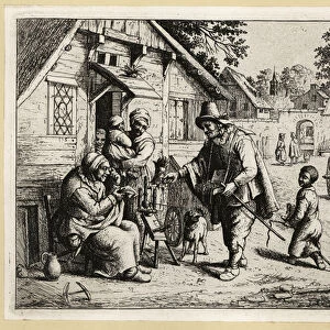 17th century Dutch spectacles seller offering his wares to a wom, 1803 (engraving)