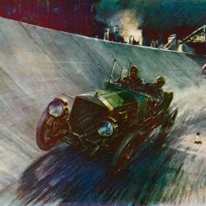 In 1907s F Edge, driving the Napier single handed, succeeded in maintaining 60 mph for 24 hours, the first record on the new Brooklands track (colour litho)