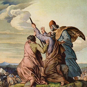 Aaron and Hur holding up the hands of Moses as Joshua and the Israelites defeat the Amalekites (chromolitho)