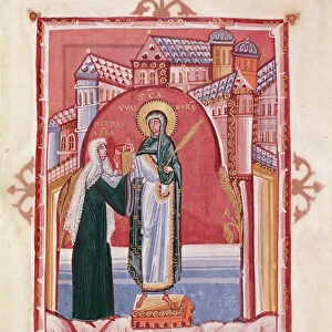 The Abbess Hilda offering the gospel to St. Walburga (vellum)