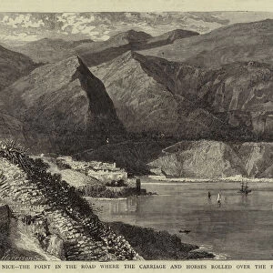 Serious Accident at Nice, the Point in the Road where the Carriage and Horses rolled over the Precipice (engraving)