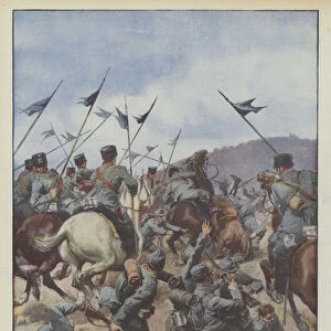 Accidents during a tactical maneuver on the Euganean Hills, cavalry of the Milan Lancers regiment against riflemen (colour litho)
