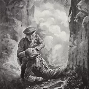 Acting Sergeant John Raynes putting his smoke-helmet on Sergeant Ayres following the explosion of a gas shell, 11 October 1915 (litho)