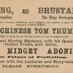 Advert for appearances by Chang, Brustad, The Chinese Tom Thumb and The Midget Adonis (engraving)